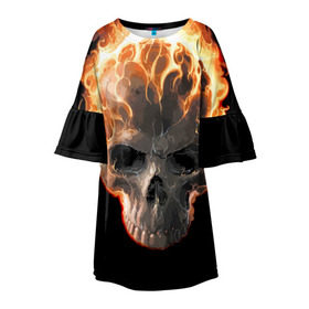Детское платье 3D с принтом Череп в огне в Белгороде, 100% полиэстер | прямой силуэт, чуть расширенный к низу. Круглая горловина, на рукавах — воланы | background | black | death | fire | flame | skeleton | skull | огонь | пламя | скелет | фон | череп | черный