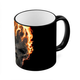 Кружка 3D с принтом Череп в огне в Белгороде, керамика | ёмкость 330 мл | background | black | death | fire | flame | skeleton | skull | огонь | пламя | скелет | фон | череп | черный