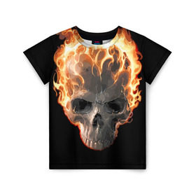 Детская футболка 3D с принтом Череп в огне в Белгороде, 100% гипоаллергенный полиэфир | прямой крой, круглый вырез горловины, длина до линии бедер, чуть спущенное плечо, ткань немного тянется | background | black | death | fire | flame | skeleton | skull | огонь | пламя | скелет | фон | череп | черный