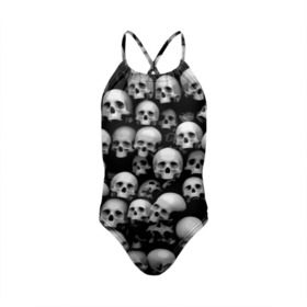 Детский купальник 3D с принтом Черепа в Белгороде, Полиэстер 85%, Спандекс 15% | Слитный крой, подклад по переду изделия, узкие бретели | background | black | death | skeletons | skull | скелеты | фон | черепа | черный