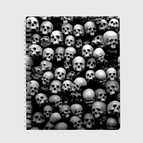 Тетрадь с принтом Черепа в Белгороде, 100% бумага | 48 листов, плотность листов — 60 г/м2, плотность картонной обложки — 250 г/м2. Листы скреплены сбоку удобной пружинной спиралью. Уголки страниц и обложки скругленные. Цвет линий — светло-серый
 | background | black | death | skeletons | skull | скелеты | фон | черепа | черный