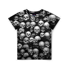 Детская футболка 3D с принтом Черепа в Белгороде, 100% гипоаллергенный полиэфир | прямой крой, круглый вырез горловины, длина до линии бедер, чуть спущенное плечо, ткань немного тянется | background | black | death | skeletons | skull | скелеты | фон | черепа | черный