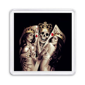 Магнит 55*55 с принтом Скелетоны в Белгороде, Пластик | Размер: 65*65 мм; Размер печати: 55*55 мм | background | black | cards | color | crown | death | game | girl | hearts | king | queen | skeleton | skull | spades | tattoo | девушки | игра | карты | королевы | король | короны | масть | пики | скелет | тату | фон | черви 