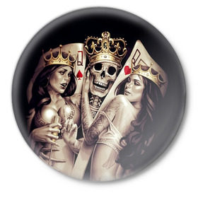 Значок с принтом Скелетоны в Белгороде,  металл | круглая форма, металлическая застежка в виде булавки | background | black | cards | color | crown | death | game | girl | hearts | king | queen | skeleton | skull | spades | tattoo | девушки | игра | карты | королевы | король | короны | масть | пики | скелет | тату | фон | черви 