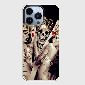 Чехол для iPhone 13 Pro с принтом Скелетоны в Белгороде,  |  | Тематика изображения на принте: background | black | cards | color | crown | death | game | girl | hearts | king | queen | skeleton | skull | spades | tattoo | девушки | игра | карты | королевы | король | короны | масть | пики | скелет | тату | фон | черви 