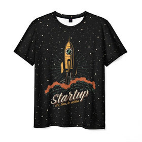 Мужская футболка 3D с принтом Startup Space в Белгороде, 100% полиэфир | прямой крой, круглый вырез горловины, длина до линии бедер | cosmos | galaxy | planet | rocket | space | star | взлет | галактика | звезды | корабль | космос | планета | ракета