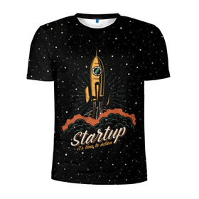 Мужская футболка 3D спортивная с принтом Startup Space в Белгороде, 100% полиэстер с улучшенными характеристиками | приталенный силуэт, круглая горловина, широкие плечи, сужается к линии бедра | Тематика изображения на принте: cosmos | galaxy | planet | rocket | space | star | взлет | галактика | звезды | корабль | космос | планета | ракета