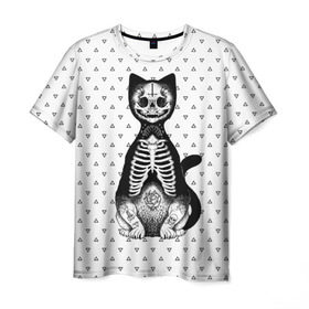 Мужская футболка 3D с принтом Готический кот в Белгороде, 100% полиэфир | прямой крой, круглый вырез горловины, длина до линии бедер | bone | cat | death | feline | gothic | hipster | kitty | meow | skelet | skull | tatoo | готика | кости | кот | котенок | котик | кошка | мяу | скелет | тату | хипстер | череп