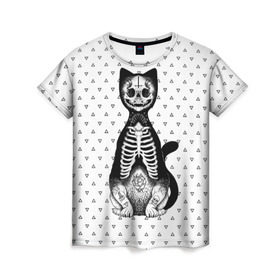 Женская футболка 3D с принтом Готический кот в Белгороде, 100% полиэфир ( синтетическое хлопкоподобное полотно) | прямой крой, круглый вырез горловины, длина до линии бедер | bone | cat | death | feline | gothic | hipster | kitty | meow | skelet | skull | tatoo | готика | кости | кот | котенок | котик | кошка | мяу | скелет | тату | хипстер | череп