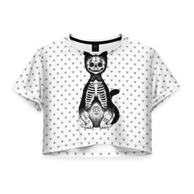 Женская футболка 3D укороченная с принтом Готический кот в Белгороде, 100% полиэстер | круглая горловина, длина футболки до линии талии, рукава с отворотами | bone | cat | death | feline | gothic | hipster | kitty | meow | skelet | skull | tatoo | готика | кости | кот | котенок | котик | кошка | мяу | скелет | тату | хипстер | череп