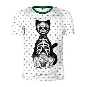 Мужская футболка 3D спортивная с принтом Готический кот в Белгороде, 100% полиэстер с улучшенными характеристиками | приталенный силуэт, круглая горловина, широкие плечи, сужается к линии бедра | Тематика изображения на принте: bone | cat | death | feline | gothic | hipster | kitty | meow | skelet | skull | tatoo | готика | кости | кот | котенок | котик | кошка | мяу | скелет | тату | хипстер | череп