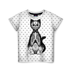 Детская футболка 3D с принтом Готический кот в Белгороде, 100% гипоаллергенный полиэфир | прямой крой, круглый вырез горловины, длина до линии бедер, чуть спущенное плечо, ткань немного тянется | bone | cat | death | feline | gothic | hipster | kitty | meow | skelet | skull | tatoo | готика | кости | кот | котенок | котик | кошка | мяу | скелет | тату | хипстер | череп