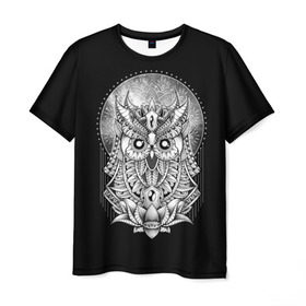 Мужская футболка 3D с принтом Королевская сова в Белгороде, 100% полиэфир | прямой крой, круглый вырез горловины, длина до линии бедер | bird | forest | moon | nature | night | owl | queen | tatoo | wood | королева | лес | луна | ночь | природа | птица | сова | тату