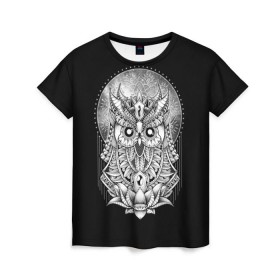 Женская футболка 3D с принтом Королевская сова в Белгороде, 100% полиэфир ( синтетическое хлопкоподобное полотно) | прямой крой, круглый вырез горловины, длина до линии бедер | bird | forest | moon | nature | night | owl | queen | tatoo | wood | королева | лес | луна | ночь | природа | птица | сова | тату