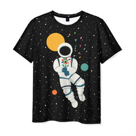 Мужская футболка 3D с принтом Космический романтик в Белгороде, 100% полиэфир | прямой крой, круглый вырез горловины, длина до линии бедер | Тематика изображения на принте: astronaut | cosmonaut | cosmos | galaxy | moon | planet | space | star | астронавт | галактика | звезды | космонавт | космос | луна | планета | скафандр