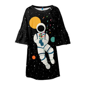 Детское платье 3D с принтом Космический романтик в Белгороде, 100% полиэстер | прямой силуэт, чуть расширенный к низу. Круглая горловина, на рукавах — воланы | astronaut | cosmonaut | cosmos | galaxy | moon | planet | space | star | астронавт | галактика | звезды | космонавт | космос | луна | планета | скафандр