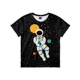 Детская футболка 3D с принтом Космический романтик в Белгороде, 100% гипоаллергенный полиэфир | прямой крой, круглый вырез горловины, длина до линии бедер, чуть спущенное плечо, ткань немного тянется | Тематика изображения на принте: astronaut | cosmonaut | cosmos | galaxy | moon | planet | space | star | астронавт | галактика | звезды | космонавт | космос | луна | планета | скафандр