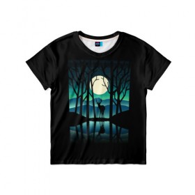 Детская футболка 3D с принтом Ночная природа в Белгороде, 100% гипоаллергенный полиэфир | прямой крой, круглый вырез горловины, длина до линии бедер, чуть спущенное плечо, ткань немного тянется | forest | lake | moon | nature | night | star | wood | звезды | лес | луна | ночь | озеро | природа