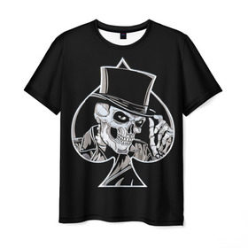 Мужская футболка 3D с принтом Скелетон в Белгороде, 100% полиэфир | прямой крой, круглый вырез горловины, длина до линии бедер | background | black | card | cylinder | death | game | hat | skeleton | skull | spades | suit | игра | карты | масть | пики | скелет | фон | цилиндр | череп | черный | шляпа