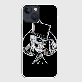 Чехол для iPhone 13 mini с принтом Скелетон в Белгороде,  |  | background | black | card | cylinder | death | game | hat | skeleton | skull | spades | suit | игра | карты | масть | пики | скелет | фон | цилиндр | череп | черный | шляпа