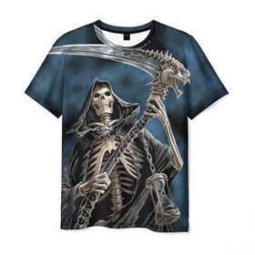 Мужская футболка 3D с принтом Скелетон в Белгороде, 100% полиэфир | прямой крой, круглый вырез горловины, длина до линии бедер | Тематика изображения на принте: death | skeleton | skull | капюшон | коса | скелет | череп