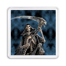 Магнит 55*55 с принтом Скелетон в Белгороде, Пластик | Размер: 65*65 мм; Размер печати: 55*55 мм | Тематика изображения на принте: death | skeleton | skull | капюшон | коса | скелет | череп