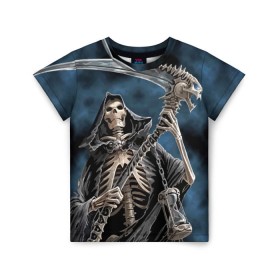 Детская футболка 3D с принтом Скелетон в Белгороде, 100% гипоаллергенный полиэфир | прямой крой, круглый вырез горловины, длина до линии бедер, чуть спущенное плечо, ткань немного тянется | Тематика изображения на принте: death | skeleton | skull | капюшон | коса | скелет | череп
