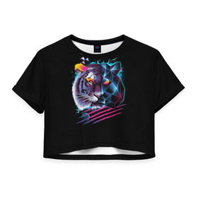 Женская футболка 3D укороченная с принтом Ретро тигр в Белгороде, 100% полиэстер | круглая горловина, длина футболки до линии талии, рукава с отворотами | 80s | 80е | 90s | 90е | animal | beast | cat | feline | kitty | meow | rage | retro | roar | tiger | животное | зверь | кот | котик | кошка | мяу | ностальгия | ретро | рык | тигр | фентези | ярость