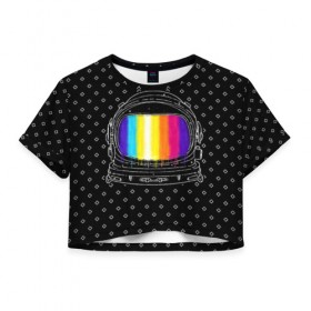 Женская футболка 3D укороченная с принтом Цветной астронавт в Белгороде, 100% полиэстер | круглая горловина, длина футболки до линии талии, рукава с отворотами | 