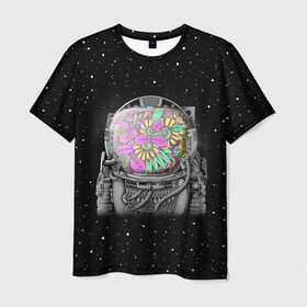 Мужская футболка 3D с принтом Цветочный астонавт в Белгороде, 100% полиэфир | прямой крой, круглый вырез горловины, длина до линии бедер | astronaut | cosmonaut | cosmos | galaxy | planet | space | star | астронавт | галактика | звезды | космонавт | космос | планета | скафандр | цветы