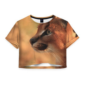 Женская футболка 3D укороченная с принтом Рысь в Белгороде, 100% полиэстер | круглая горловина, длина футболки до линии талии, рукава с отворотами | амурский | животные | киса | кот | котенок | кошка | пума | рысь | серый | тигр | хищник