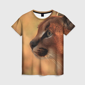 Женская футболка 3D с принтом Рысь в Белгороде, 100% полиэфир ( синтетическое хлопкоподобное полотно) | прямой крой, круглый вырез горловины, длина до линии бедер | амурский | животные | киса | кот | котенок | кошка | пума | рысь | серый | тигр | хищник