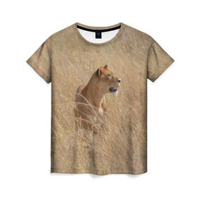 Женская футболка 3D с принтом Львица в траве в Белгороде, 100% полиэфир ( синтетическое хлопкоподобное полотно) | прямой крой, круглый вырез горловины, длина до линии бедер | амурский | животные | киса | кот | котенок | кошка | лев | львица | пума | рысь | серый | тигр | хищник