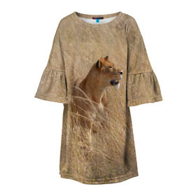 Детское платье 3D с принтом Львица в траве в Белгороде, 100% полиэстер | прямой силуэт, чуть расширенный к низу. Круглая горловина, на рукавах — воланы | амурский | животные | киса | кот | котенок | кошка | лев | львица | пума | рысь | серый | тигр | хищник