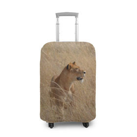 Чехол для чемодана 3D с принтом Львица в траве в Белгороде, 86% полиэфир, 14% спандекс | двустороннее нанесение принта, прорези для ручек и колес | амурский | животные | киса | кот | котенок | кошка | лев | львица | пума | рысь | серый | тигр | хищник