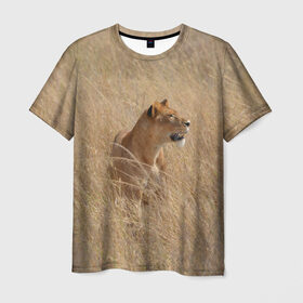 Мужская футболка 3D с принтом Львица в траве в Белгороде, 100% полиэфир | прямой крой, круглый вырез горловины, длина до линии бедер | амурский | животные | киса | кот | котенок | кошка | лев | львица | пума | рысь | серый | тигр | хищник