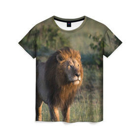 Женская футболка 3D с принтом Лев в Белгороде, 100% полиэфир ( синтетическое хлопкоподобное полотно) | прямой крой, круглый вырез горловины, длина до линии бедер | амурский | животные | киса | кот | котенок | кошка | лев | львица | пума | рысь | серый | тигр | хищник