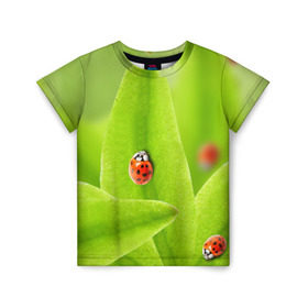 Детская футболка 3D с принтом Жучки на травке в Белгороде, 100% гипоаллергенный полиэфир | прямой крой, круглый вырез горловины, длина до линии бедер, чуть спущенное плечо, ткань немного тянется | жук | зеленый | зелень | красный | насекомые | природа