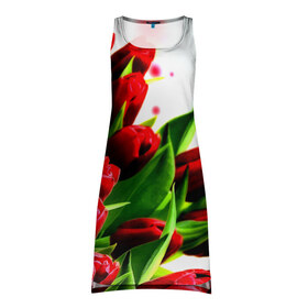 Платье-майка 3D с принтом Тюльпаны в Белгороде, 100% полиэстер | полуприлегающий силуэт, широкие бретели, круглый вырез горловины, удлиненный подол сзади. | flower | букет | весна | красные | цветочки | цветы