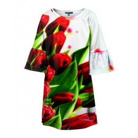 Детское платье 3D с принтом Тюльпаны в Белгороде, 100% полиэстер | прямой силуэт, чуть расширенный к низу. Круглая горловина, на рукавах — воланы | Тематика изображения на принте: flower | букет | весна | красные | цветочки | цветы