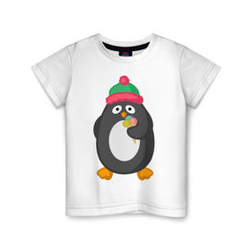 Детская футболка хлопок с принтом Пингвин с мороженым в Белгороде, 100% хлопок | круглый вырез горловины, полуприлегающий силуэт, длина до линии бедер | животные | милые животные | мороженое | пингвин | прикольные животные