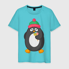 Мужская футболка хлопок с принтом Пингвин с мороженым в Белгороде, 100% хлопок | прямой крой, круглый вырез горловины, длина до линии бедер, слегка спущенное плечо. | Тематика изображения на принте: животные | милые животные | мороженое | пингвин | прикольные животные