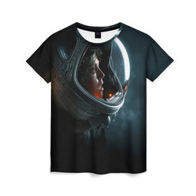 Женская футболка 3D с принтом Девушка космонавт в Белгороде, 100% полиэфир ( синтетическое хлопкоподобное полотно) | прямой крой, круглый вырез горловины, длина до линии бедер | alien | космос | рипли | скафандр | чужой