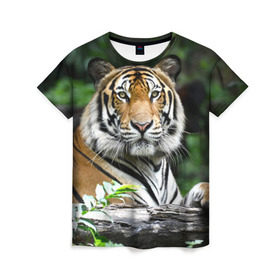 Женская футболка 3D с принтом Тигр в джунглях в Белгороде, 100% полиэфир ( синтетическое хлопкоподобное полотно) | прямой крой, круглый вырез горловины, длина до линии бедер | амурский | животные | зверь | киса | кот | котенок | кошка | тигр | хищник