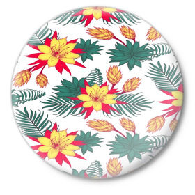 Значок с принтом Tropical Pattern в Белгороде,  металл | круглая форма, металлическая застежка в виде булавки | flower | поле | тропики | тропический | цветочки | цветы