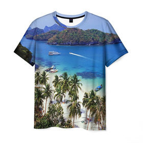 Мужская футболка 3D с принтом Таиланд в Белгороде, 100% полиэфир | прямой крой, круглый вырез горловины, длина до линии бедер | beach | clouds | islands | palm trees | people | sand | sea | ships | sky | thailand | tourism | корабли | люди | море | небо | облака | острова | пальмы | песок | пляж | таиланд | туризм
