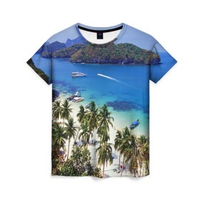 Женская футболка 3D с принтом Таиланд в Белгороде, 100% полиэфир ( синтетическое хлопкоподобное полотно) | прямой крой, круглый вырез горловины, длина до линии бедер | beach | clouds | islands | palm trees | people | sand | sea | ships | sky | thailand | tourism | корабли | люди | море | небо | облака | острова | пальмы | песок | пляж | таиланд | туризм