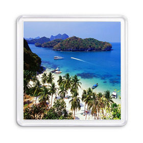 Магнит 55*55 с принтом Таиланд в Белгороде, Пластик | Размер: 65*65 мм; Размер печати: 55*55 мм | beach | clouds | islands | palm trees | people | sand | sea | ships | sky | thailand | tourism | корабли | люди | море | небо | облака | острова | пальмы | песок | пляж | таиланд | туризм