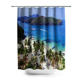 Штора 3D для ванной с принтом Таиланд в Белгороде, 100% полиэстер | плотность материала — 100 г/м2. Стандартный размер — 146 см х 180 см. По верхнему краю — пластиковые люверсы для креплений. В комплекте 10 пластиковых колец | beach | clouds | islands | palm trees | people | sand | sea | ships | sky | thailand | tourism | корабли | люди | море | небо | облака | острова | пальмы | песок | пляж | таиланд | туризм