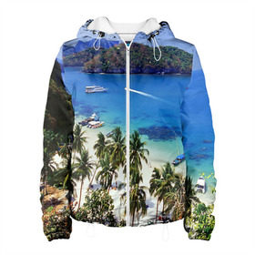 Женская куртка 3D с принтом Таиланд в Белгороде, ткань верха — 100% полиэстер, подклад — флис | прямой крой, подол и капюшон оформлены резинкой с фиксаторами, два кармана без застежек по бокам, один большой потайной карман на груди. Карман на груди застегивается на липучку | beach | clouds | islands | palm trees | people | sand | sea | ships | sky | thailand | tourism | корабли | люди | море | небо | облака | острова | пальмы | песок | пляж | таиланд | туризм